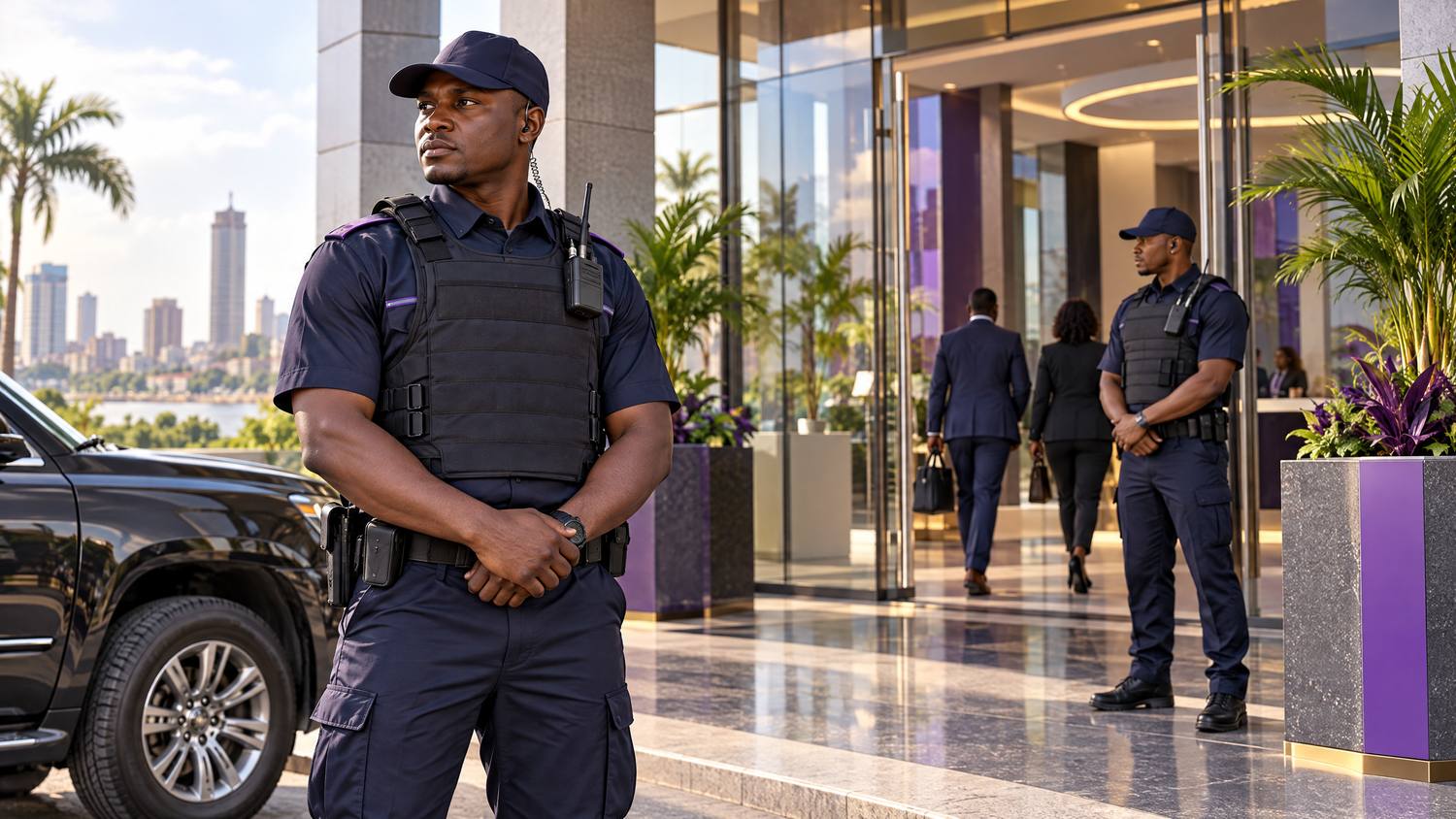 Agent de sécurité devant un immeuble de bureaux